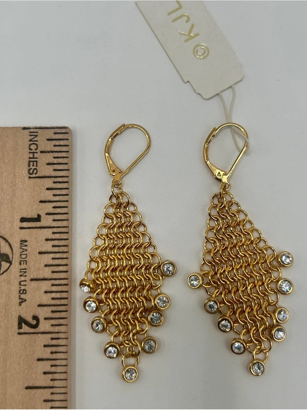 Kenneth Jay Lane Gold Chainmail Drop Earrings with Crystal Accents